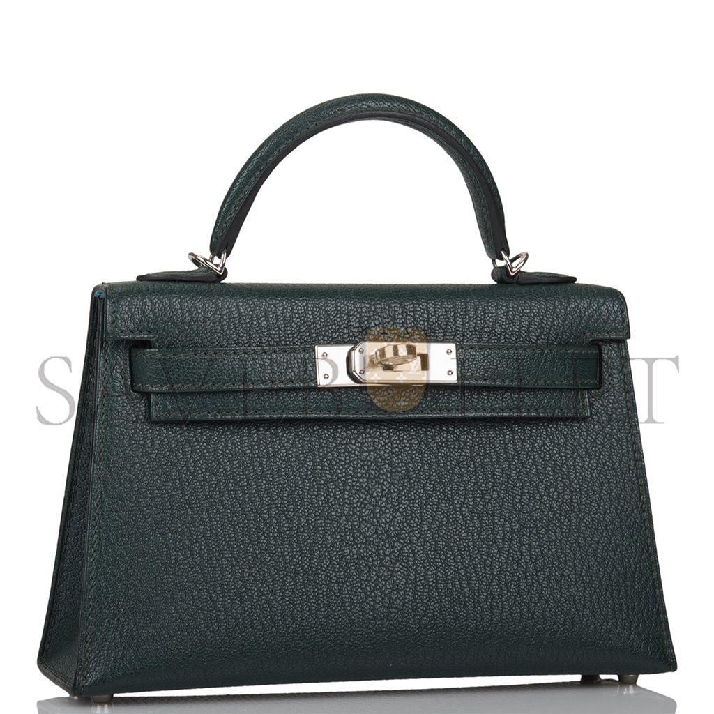 HERMÈS SELLIER KELLY II CHEVRE LEATHER TITAN GREEN WITH NORTHERN BLUE INSIDE (19*12*5.5cm) 